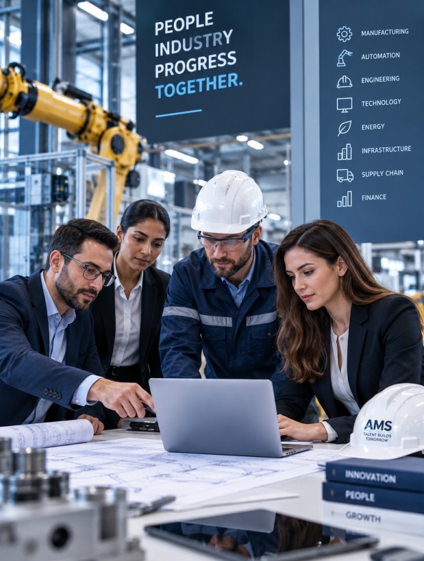 Industrial professionals collaborating in a modern workplace