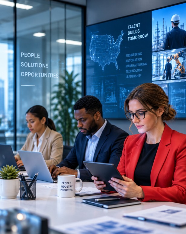 Business professionals collaborating in a modern workplace